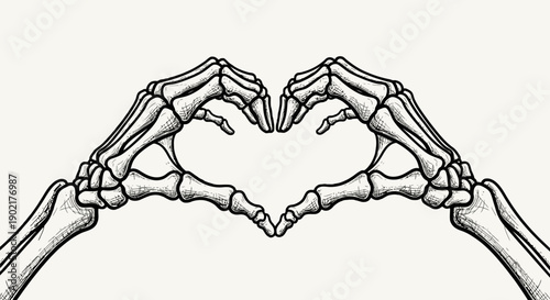 Two skeleton hands forming a heart shape against a light background.