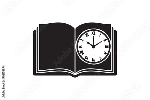 Minimalist open book with clock face silhouette icon black vector illustration