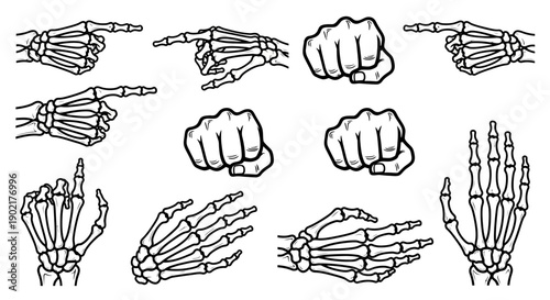 Collection of various skeleton hand gestures and poses, including pointing fingers and fists, presented in a black and white line art style.
