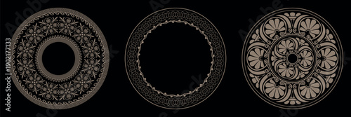 Set of decorative luxury gold round frames on a black background. Greek Circle frame. Template for round surfaces, invitation, textile, engraving, embroidery, plate, ceramic, sandblasting, porcelain