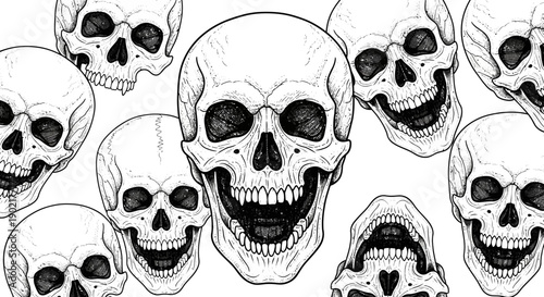 A detailed black and white illustration of multiple human skulls with open mouths and grinning expressions, set against a white background.
