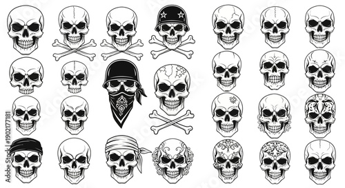 A comprehensive collection of diverse skull illustrations, featuring various styles and accessories like bandanas and helmets.