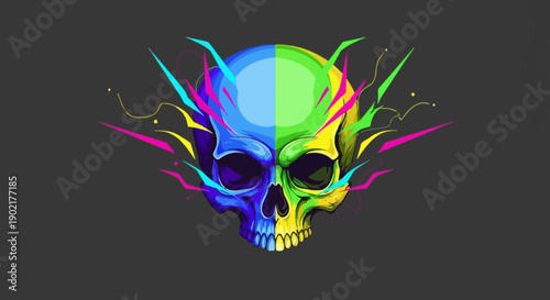 A vibrant, abstract skull illustration with a split color scheme of blue and green, surrounded by energetic, colorful abstract shapes.