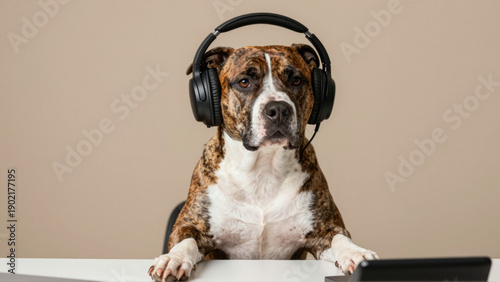 A focused brindle dog wearing large over-ear headphones, attentively listening or engaged in a task at a desk, conveying a humorous and diligent professional pet concept