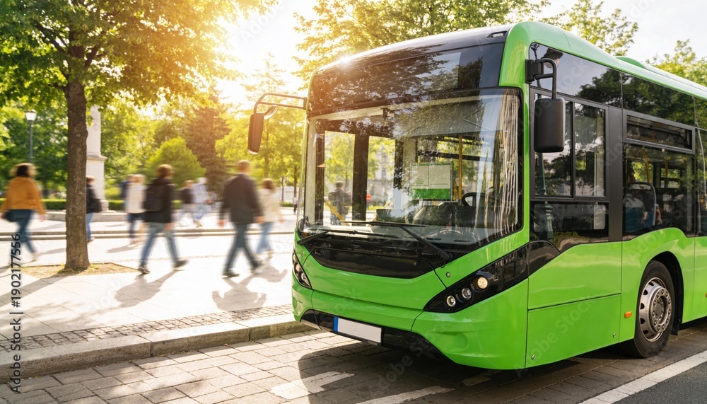 Fototapeta premium Green electric city bus on urban street promoting eco public transport and sustainable mobility.