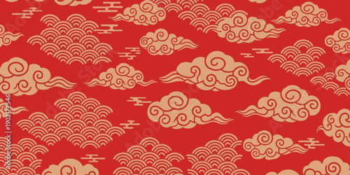 Traditional Asian pattern featuring clouds and swirls on red background