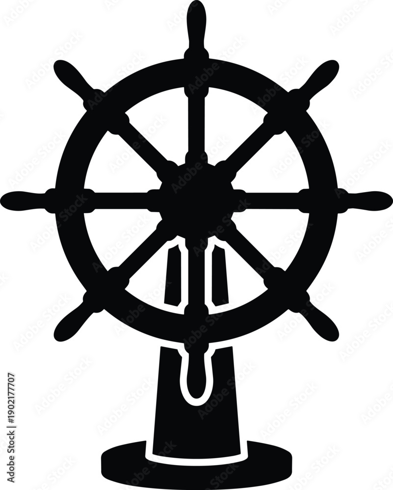 Obraz premium Minimal vector silhouette, nautical ship’s wheel mounted on a small stand, solid black, isolated on white.