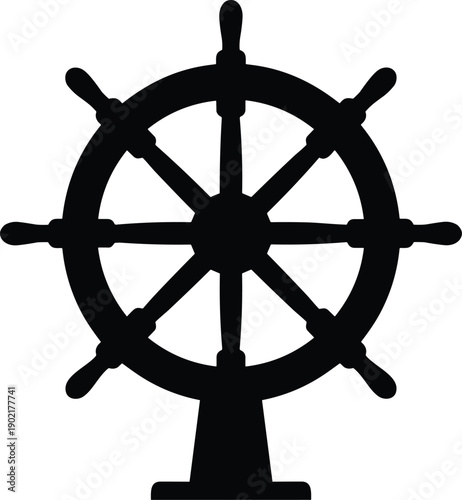 Minimal vector silhouette, nautical ship’s wheel mounted on a small stand, solid black, isolated on white.