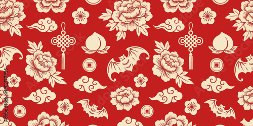 A vibrant floral pattern featuring flowers, lanterns, and leaves on a red background, viewed from directly above.
