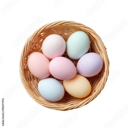 Wallpaper Mural Colorful pastel Easter eggs arranged in a woven basket, showcasing various shades of pink, blue, green, and yellow on a white background. isolated image, transparent background Torontodigital.ca