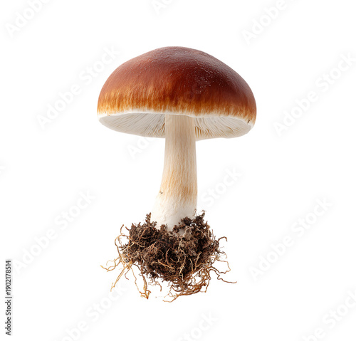 Brown Mushroom with Visible Roots isolated on a transparent background