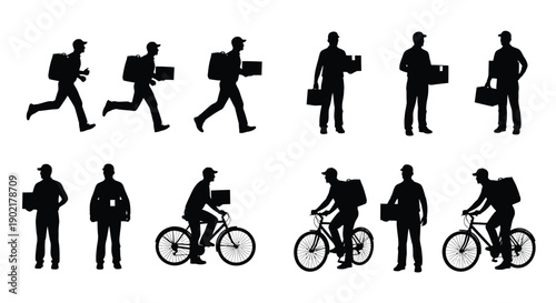 Silhouettes of delivery people in various poses and modes of transport