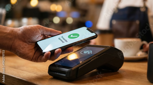 Contactless mobile payment with smartphone. Tap to pay on POS terminal showing Transaction Approved, NFC mobile wallet, seamless in‑store checkout, modern retail transaction