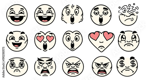 A collection of 15 diverse cartoon-style emoji faces expressing a wide range of emotions and reactions.
