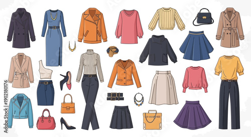 A vibrant collection of women's fashion apparel and accessories, showcasing a variety of stylish outfits and individual clothing items.