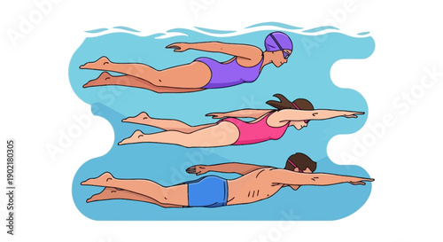 Three swimmers performing the butterfly stroke in a swimming pool, showcasing their synchronized movements.