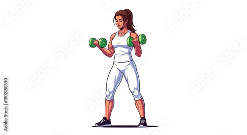A muscular woman with brown hair tied in a ponytail, wearing white athletic clothing, performs a bicep curl exercise with green dumbbells.