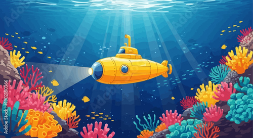A bright yellow submarine explores a vibrant coral reef teeming with small fish and illuminated by sunbeams from above.