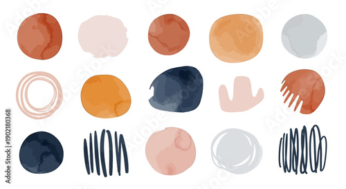 A collection of abstract watercolor shapes and brush strokes in various earthy and muted tones.