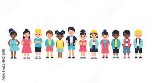A diverse group of cartoon children of various ethnicities and genders standing in a line, smiling and looking forward.