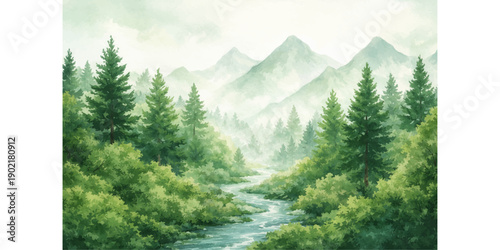 Majestic peak views of a green forest landscape in the high mountain wilderness under a cloudy summer sky