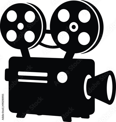 Minimal vector silhouette, vintage projector with two film reels on top, solid black, isolated on white.