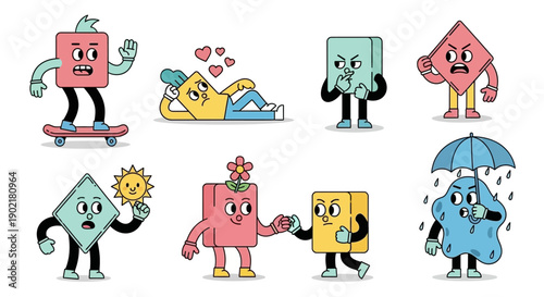 A collection of eight cartoon geometric shapes with faces and limbs, expressing various emotions and engaging in different activities.