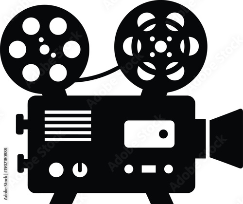Minimal vector silhouette, vintage projector with two film reels on top, solid black, isolated on white.