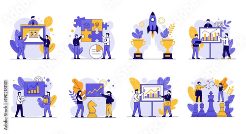 Business strategy and planning illustrations showing teamwork, data analysis, and project management concepts.
