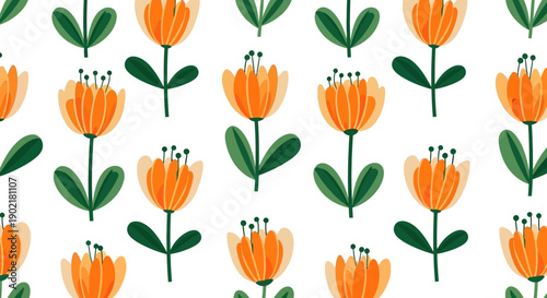 A seamless pattern of stylized orange tulips with green stems and leaves on a white background.