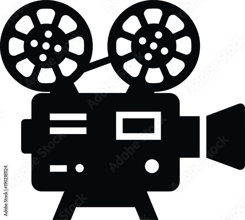 Minimal vector silhouette, vintage projector with two film reels on top, solid black, isolated on white.