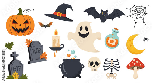 A collection of various Halloween-themed illustrations including a pumpkin, witch hat, bat, ghost, potion, and spiderweb.