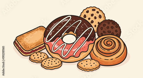 A delightful assortment of freshly baked pastries, including a chocolate-frosted donut, cookies, a cinnamon roll, and a rectangular cake.