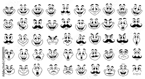 A large collection of cartoon faces with a variety of expressions, including happy, sad, angry, surprised, and confused.