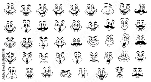 A large collection of cartoon faces with various expressions and emotions, drawn in black and white.