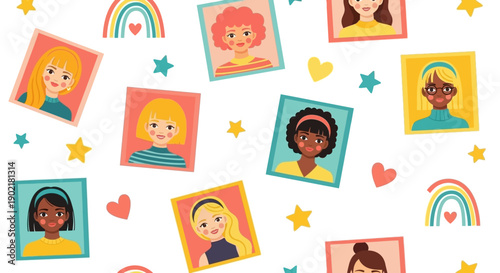 A vibrant and diverse collection of colorful portraits of women and girls, interspersed with playful rainbows, hearts, and stars, celebrating individuality and unity.
