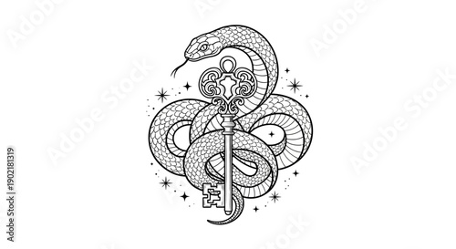 Intricate illustration of a coiled snake wrapped around an ornate key, surrounded by stars.
