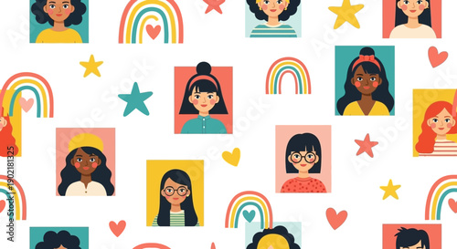 A vibrant and diverse pattern featuring portraits of women and girls with rainbows and stars.