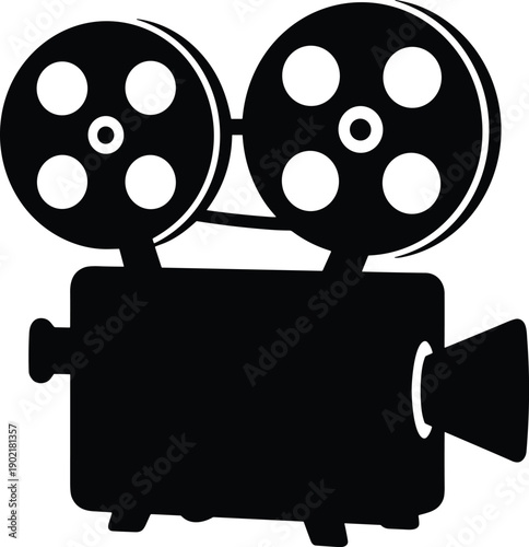 Minimal vector silhouette, vintage projector with two film reels on top, solid black, isolated on white.