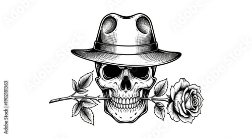 A detailed illustration of a skull wearing a fedora hat and holding a rose in its mouth, rendered in a vintage, engraved style.