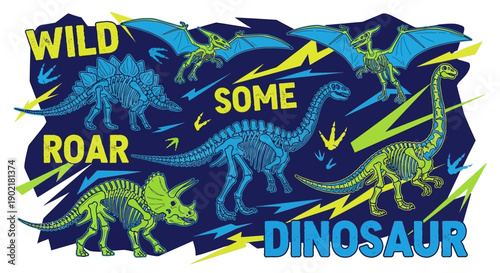A vibrant illustration featuring various dinosaur skeletons in blue and green, set against a dark blue background with yellow and blue lightning bolts and dinosaur footprints.