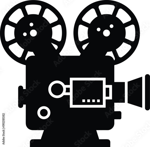 Minimal vector silhouette, vintage projector with two film reels on top, solid black, isolated on white.
