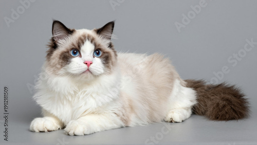 A beautiful fluffy Ragdoll cat with striking blue eyes, peacefully resting on a minimalist gray background, showcasing its majestic appearance and gentle disposition