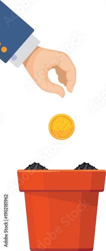 A hand is reaching into a red pot to put a coin in it