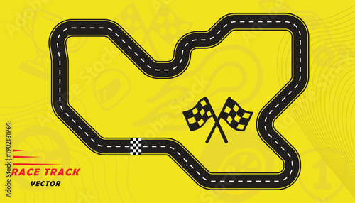 Creative vector illusion of race track isolated on yellow background. Speed race track design with creative icons.