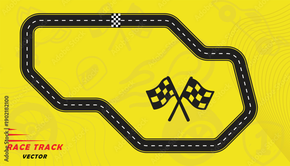 Fototapeta premium Creative vector illusion of race track isolated on yellow background. Speed race track design with creative icons.