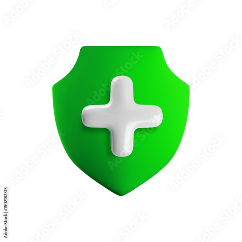 Vector cartoon 3d health protection icon. 3d render of green shield with white medical cross. First aid sign. Antivirus safety, healthcare, immunity, medical insurance symbol for app, web, design.