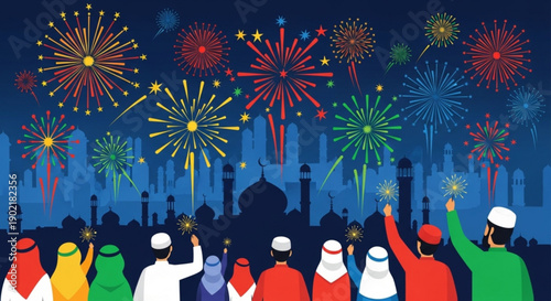 People in traditional attire celebrating with fireworks at night cityscape and mosque silhouette in background festive atmosphere and colorful explosions