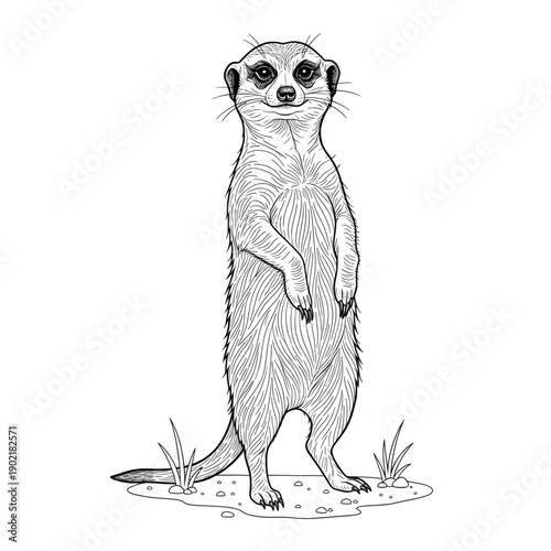 Adorable Meerkat Standing Line Art - Detailed Desert Sentinel Wildlife Vector Sketch