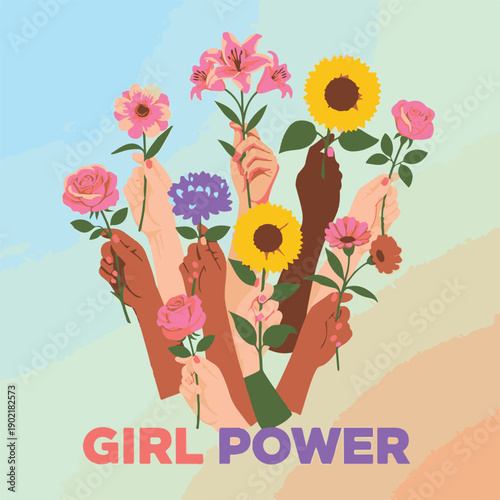 Diverse Women Hands Holding Colorful Flowers Bouquet for International Women's Day, Girl Power and Feminism Concept Vector